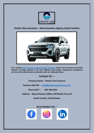 Harbor One Insurance  Auto Insurance Agency South Carolina