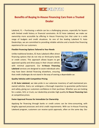 Benefits of Buying In-House Financing Cars from a Trusted Dealer
