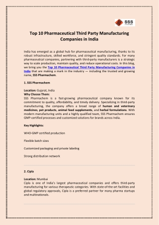 Top 10 Pharmaceutical Third Party Manufacturing Companies in India