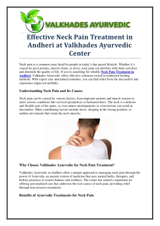 Relieve Neck Pain with Ayurvedic Treatments in Andheri at Valkhades