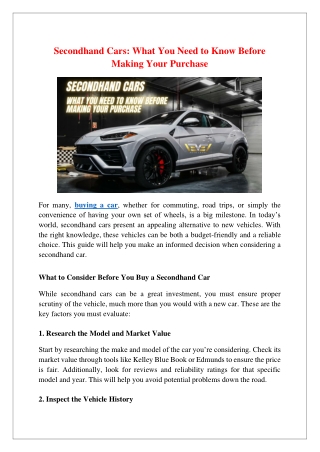 Secondhand Cars- What You Need to Know Before Making Your Purchase
