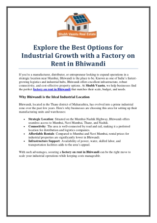 Best Factory on Rent in Bhiwandi for Industrial Use – Shubh Vaastu