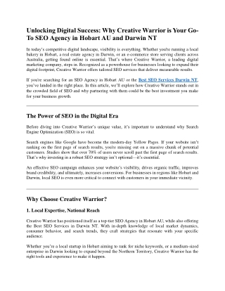 Unlocking Digital Success Why Creative Warrior is Your Go-To SEO Agency in Hobart AU and Darwin NT