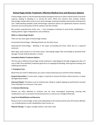 Hemorrhagic Stroke Treatment: Effective Medical Care and Recovery Options