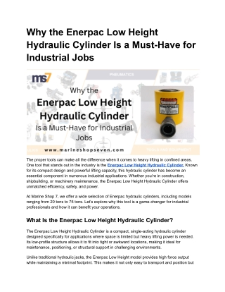 Why the Enerpac Low Height Hydraulic Cylinder Is a Must-Have for Industrial Jobs