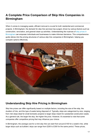 A Complete Price Comparison of Skip Hire Companies in Birmingham