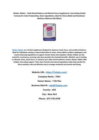 Modus Tablets – Daily Mood Balance and Mental Focus Supplement, Fast-Acting Herbal Formula for Calm Productivity, Clean