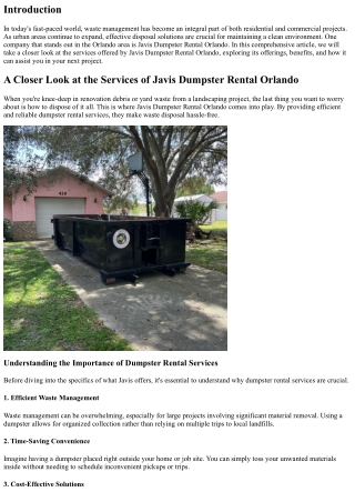 A Closer Look at the Services of Javis Dumpster Rental Orlando