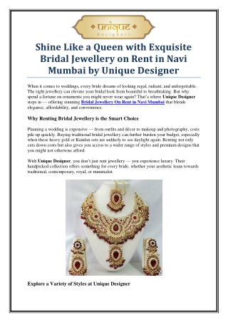 Affordable Bridal Jewellery On Rent in Navi Mumbai by Unique Designer
