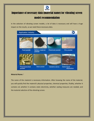 Importance of Necessary Data (material name) for Vibrating Screen Model Recommendation