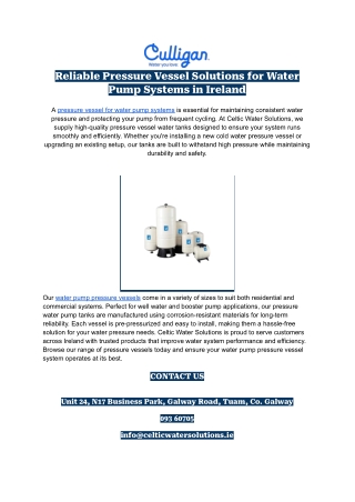 Pressure Vessel for Water Pump | Cold Water Pressure Tanks Ireland