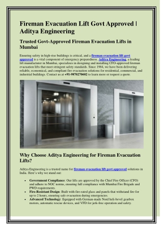 Fireman Evacuation Lift Govt Approved