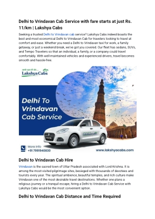 Delhi to Vrindavan Cab Service