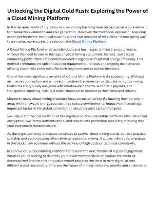 Unlocking the Digital Gold Rush Exploring the Power of a Cloud Mining Platform