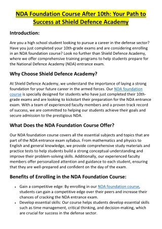 NDA Foundation Course After 10th In Lucknow