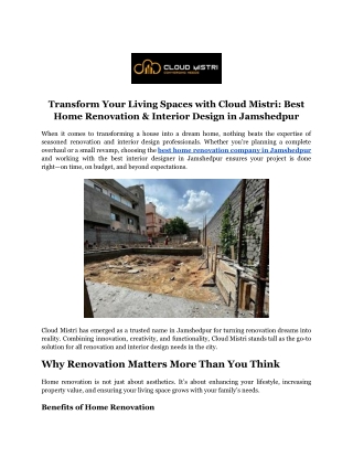 Transform Your Living Spaces with Cloud Mistri_ Best Home Renovation & Interior Design in Jamshedpur