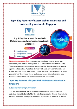 Top 4 Key Features of Expert Web Maintenance and web hosting services in Singapo