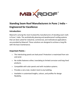 Standing Seam Roof Manufacturers in Pune- Maxroof