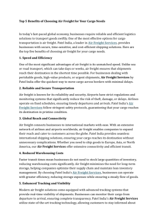 Top 5 Benefits of Choosing Air Freight for Your Cargo Needs