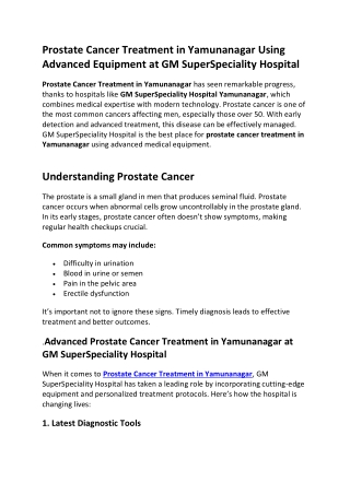 Prostate Cancer Treatment in Yamunanagar Using Advanced Equipment at GM SuperSpeciality Hospital