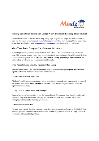 MindzQ Education Summer Day Camp: Where Fun Meets Learning This Summer!
