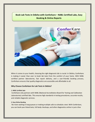 Book Lab Tests in Odisha with Conferkare – NABL Certified Labs, Easy Booking & Online Reports
