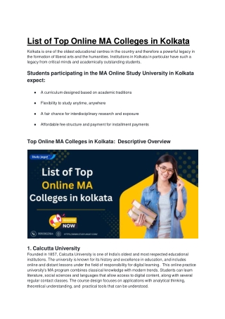 List of Top Online MA Colleges in Kolkata