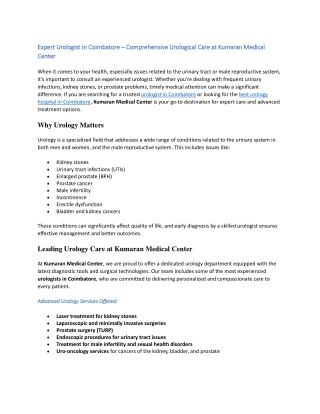 Expert Urologist in Coimbatore