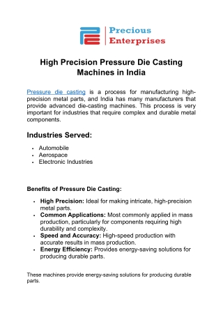 High Precision Pressure Die Casting Machines in India