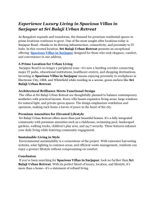 Experience Luxury Living in Spacious Villas in Sarjapur at Sri Balaji Urban Retreat