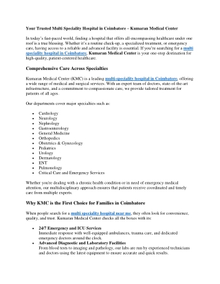 Multi Speciality Hospital in Coimbatore | Kumaran Medical Center