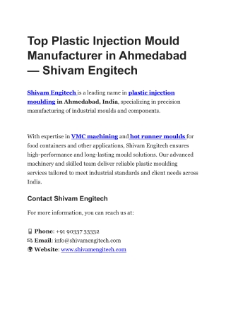 Top Plastic Injection Mould Manufacturer in Ahmedabad — Shivam Engitech