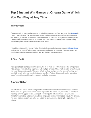 Top 5 Instant Win Games at Cricaza Game