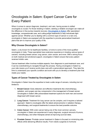 Experienced Oncologists in Salem for Comprehensive Cancer Care
