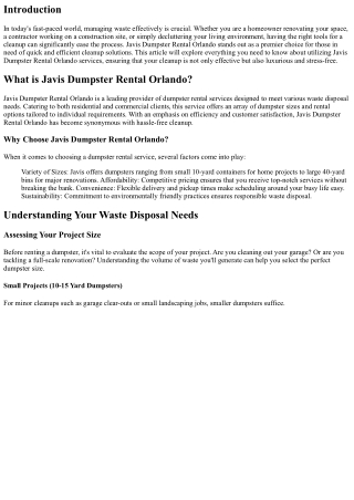 Quick and Efficient Cleanup with Javis Dumpster Rental Orlando