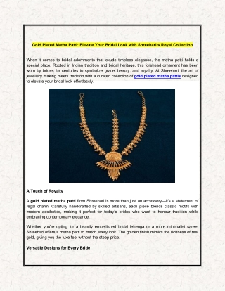 Gold Plated Matha Patti - Elevate Your Bridal Look with Shreehari’s Royal Collection