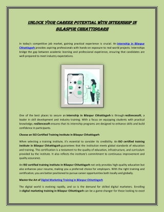 Unlock Your Career Potential with Internship in Bilaspur Chhattisgarh