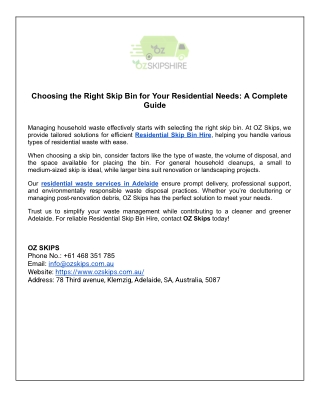 Choosing the Right Skip Bin for Your Residential Needs A Complete Guide