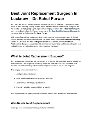 Best Joint Replacement Surgeon In Lucknow – Dr Rahul Purwar