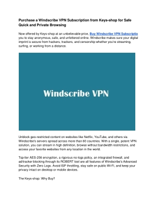 Purchase a Windscribe VPN Subscription from Keys-shop for Safe Quick and Private Browsing