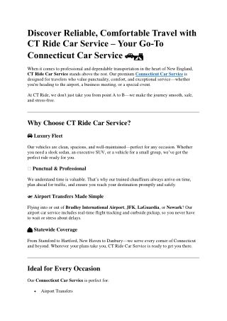 Discover Reliable, Comfortable Travel with CT Ride Car Service – Your Go-To Conn