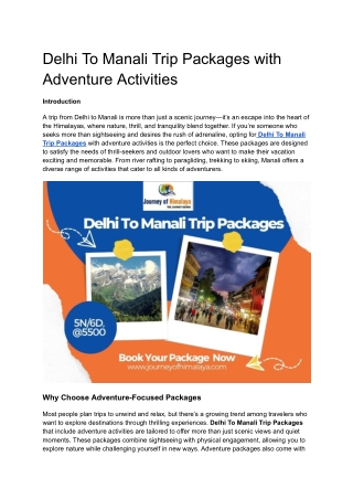 Delhi To Manali Trip Packages with Adventure Activities