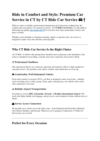 Ride in Comfort and Style: Premium Car Service in CT by CT Ride Car Service