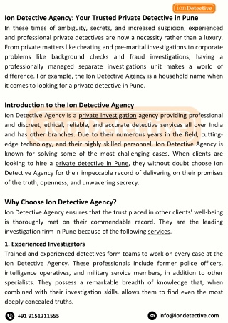 Ion Detective Agency: Trusted Private Detective in Pune