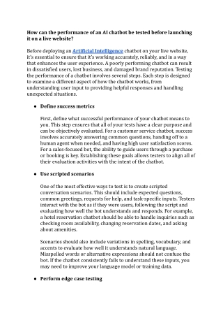 How can the performance of an AI chatbot be tested before launching it on a live website