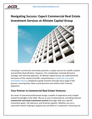 Expert Commercial Real Estate Investment Services at Allstate Capital Group