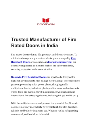 Trusted Manufacturer of Fire Rated Doors in India