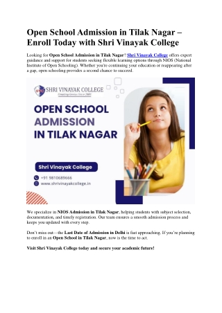 Open School Admission in Tilak Nagar – Enroll Today with Shri Vinayak College
