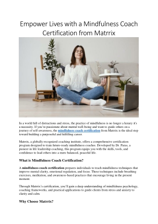 Transform Lives with a Mindfulness Coach Certification from Matrrix