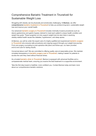 Comprehensive Bariatric Treatment in Tirunelveli for Sustainable Weight Loss